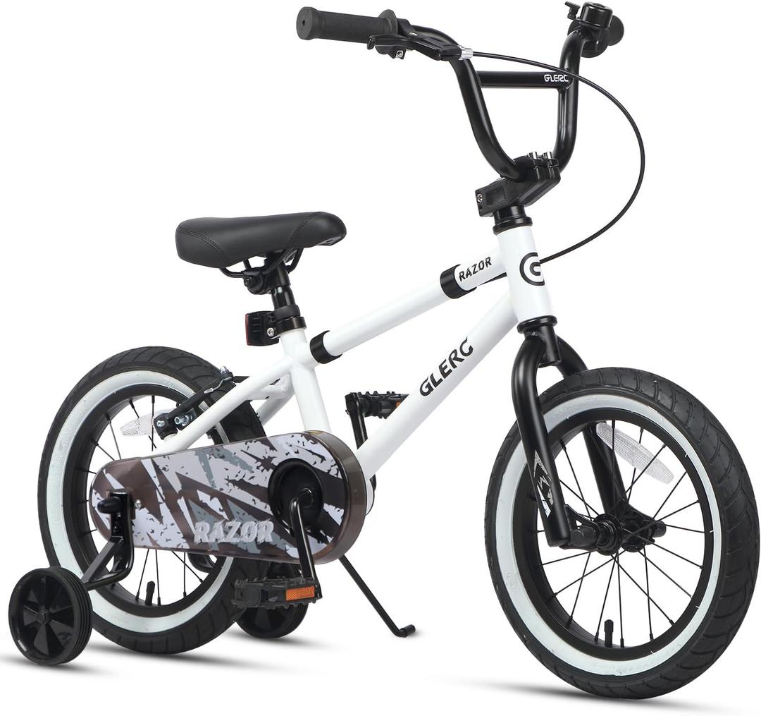 Glerc Kids Bike for Ages 3-5 Years Old, 14 Inch BMX Style Kids Bicycle with Training Wheels, Boys Bike for Children and Toddler, White
