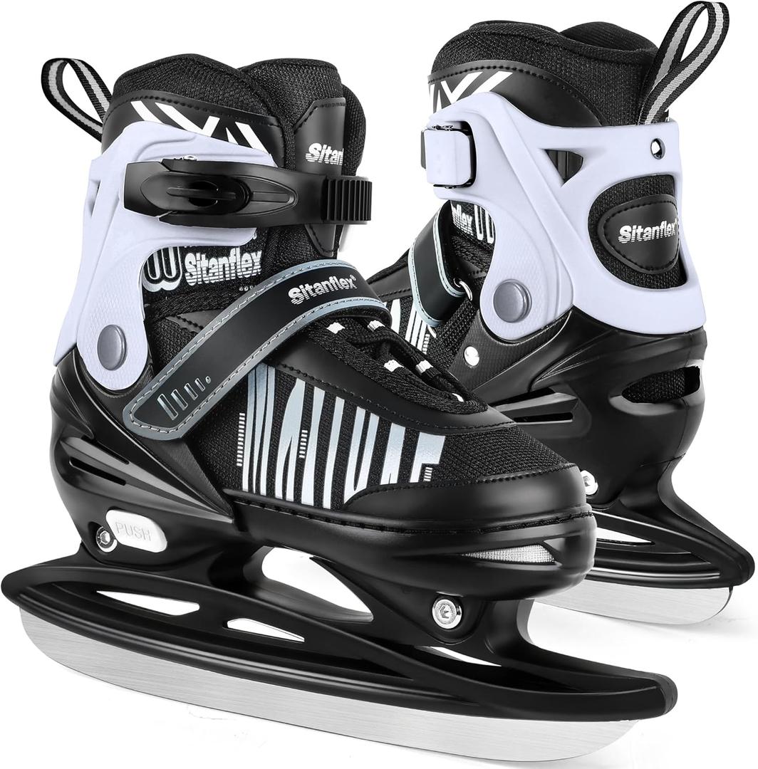 Adjustable Ice Skates for Kids Girls Boys, Kids Ice Hockey Skates for Beginners Ages 4-12, Toddler Ice Skating Shoes with Safety Ankle Support and Soft Padding for Outdoor & Ice Rink (Large - Youth(4-7 US), White)