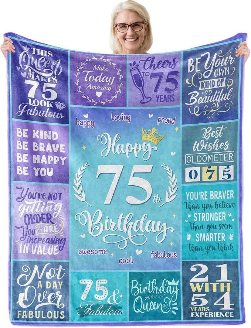 Happy 75th Birthday Gifts for Women, 75 Year Old Birthday Gifts for Women Turning 75, 75th Birthday Decorations Idea, Female 75th Birthday Gifts for Her, 75th Birthday Blanket Gifts 60X50