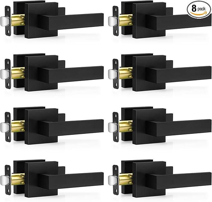 Plustool 8 Pack Matte Black Door Handles, Passage Door Levers for Hallway & Closet, Interior Keyless Door Knobs Heavy Duty Square NonLocking Handlesets(2.0lb), Reversible for Left & Right Sided Doors