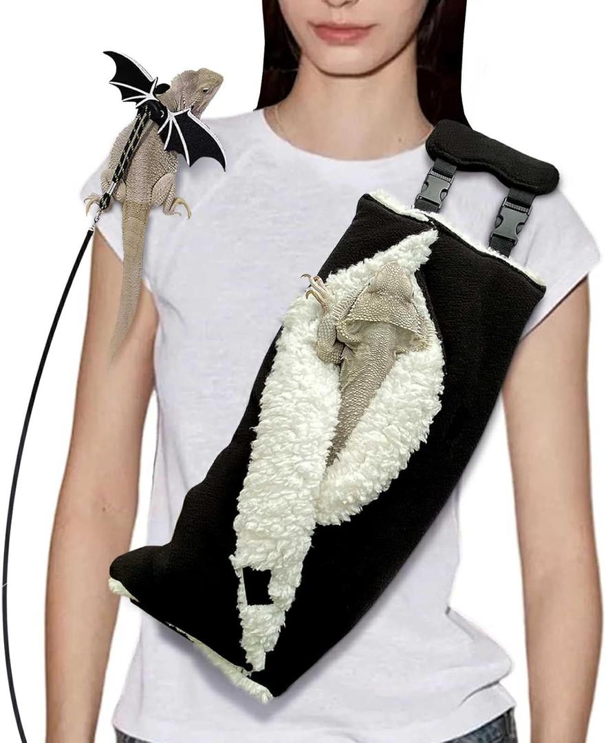 Adjustable Fluffy Bearded Dragon Sling Carrier Bag, Reptile Carrier with Leash Harness Lizard Cage Accessories for Small Animal, Kitty, Ferrets, Squirrel, Hamsters,Parrot (Black) XL