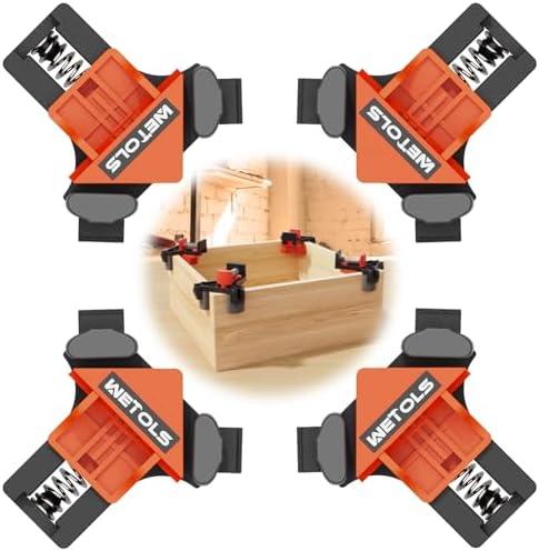 WETOLS Corner Clamp for Woodworking, 90 Degree Right Angle Clamp, Wood Clamps, 4Pcs Adjustable Spring Loaded Woodworking Clamp, Gifts for Dad, Birthday Gifts for Men, Photo Framing, Orange