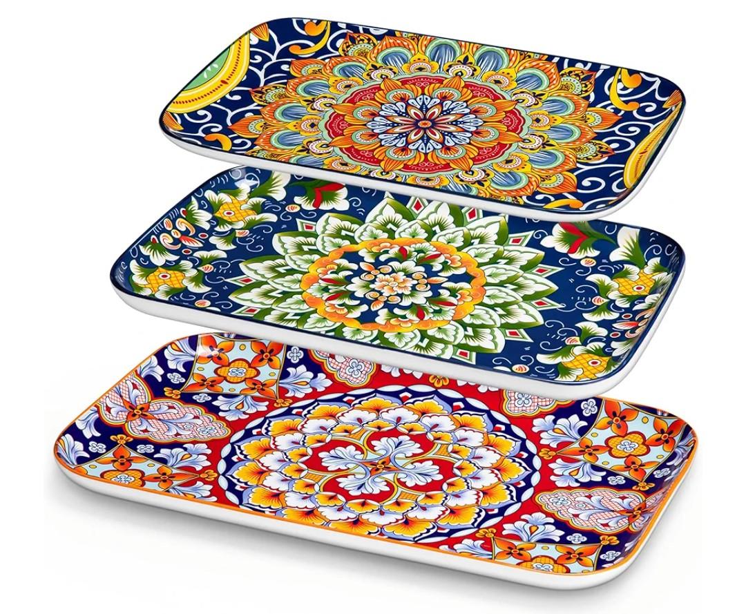 vancasso Serving Platters Set of 3, 16"/14"/12" Inch Rectangular Trays - Serving Platter Extra Large, Ceramic Bohemian Serving Dish for Entertaining Food, Microwave & Dishwasher Safe, Colorful