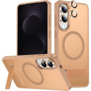 LEKEVO for Samsung Galaxy S25 Edge Case with Stand, Compatible with MagSafe, Camera Lens Protector, Translucent Matte Slim Silicone Shockproof Phone Cover, Gold