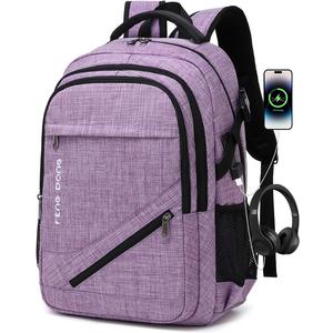 FENGDONG Large Laptop Backpack 17.3 inch Durable Waterproof Travel College Backpack Bookbag for Men & Women Business Backpack with USB Charging Port and Headset Port Light Purple