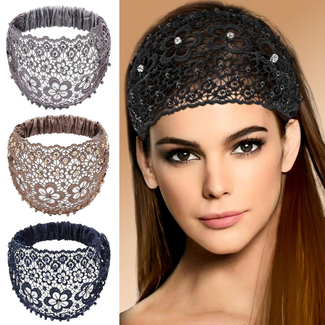 4 Pcs Wide Lace and Boho Style Headband For Women,Boho Pearl Headband for WomenSuitable for Daily Wearand Various Holidays