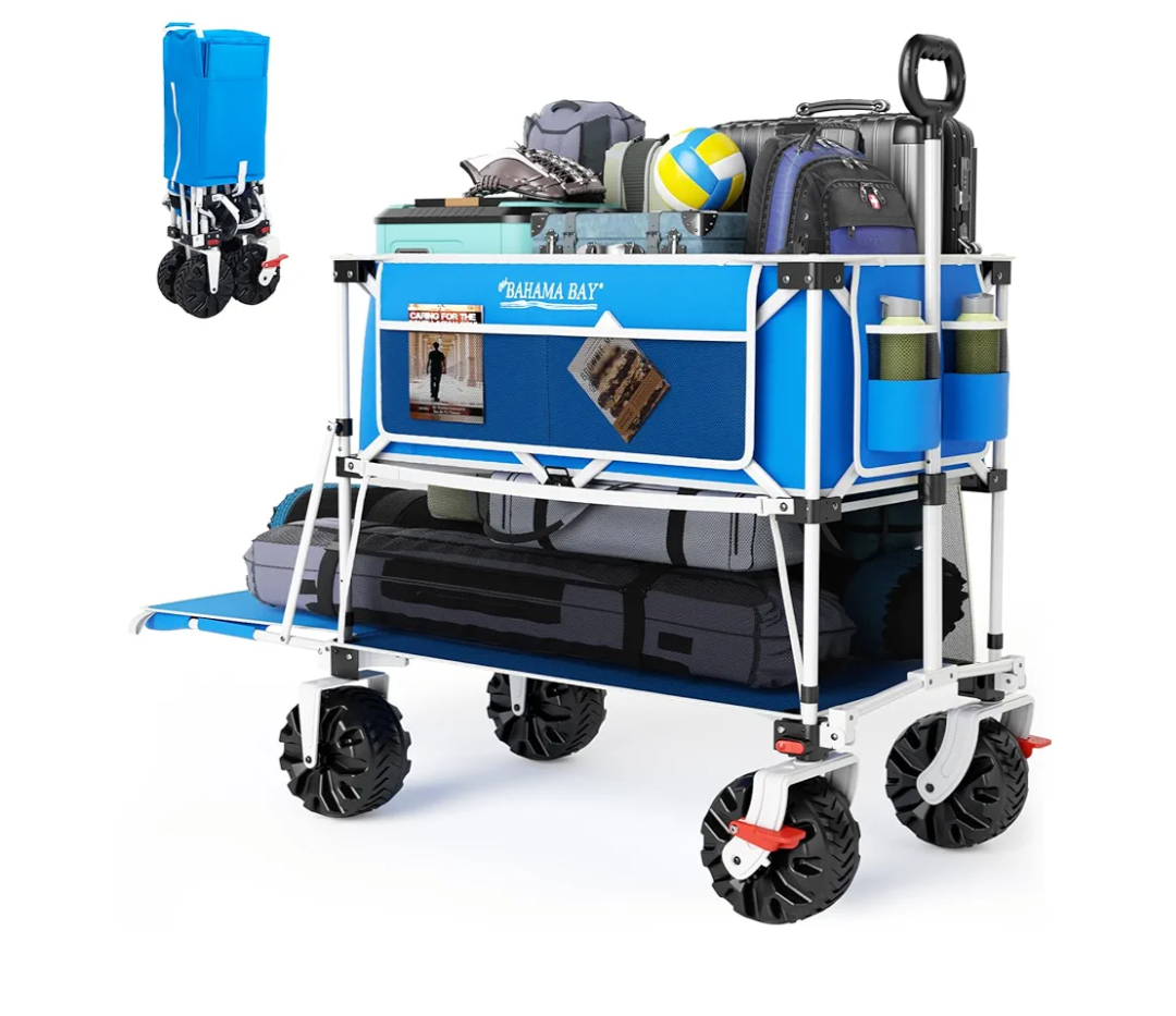 400L Collapsible Double Decker Beach Wagon with Brakes, Folding Beach Cart with 54" Extra Long Decker, 450LBS Heavy Duty Wagon Chart with All-Terrain Big Wheels for Sand Camping Garden