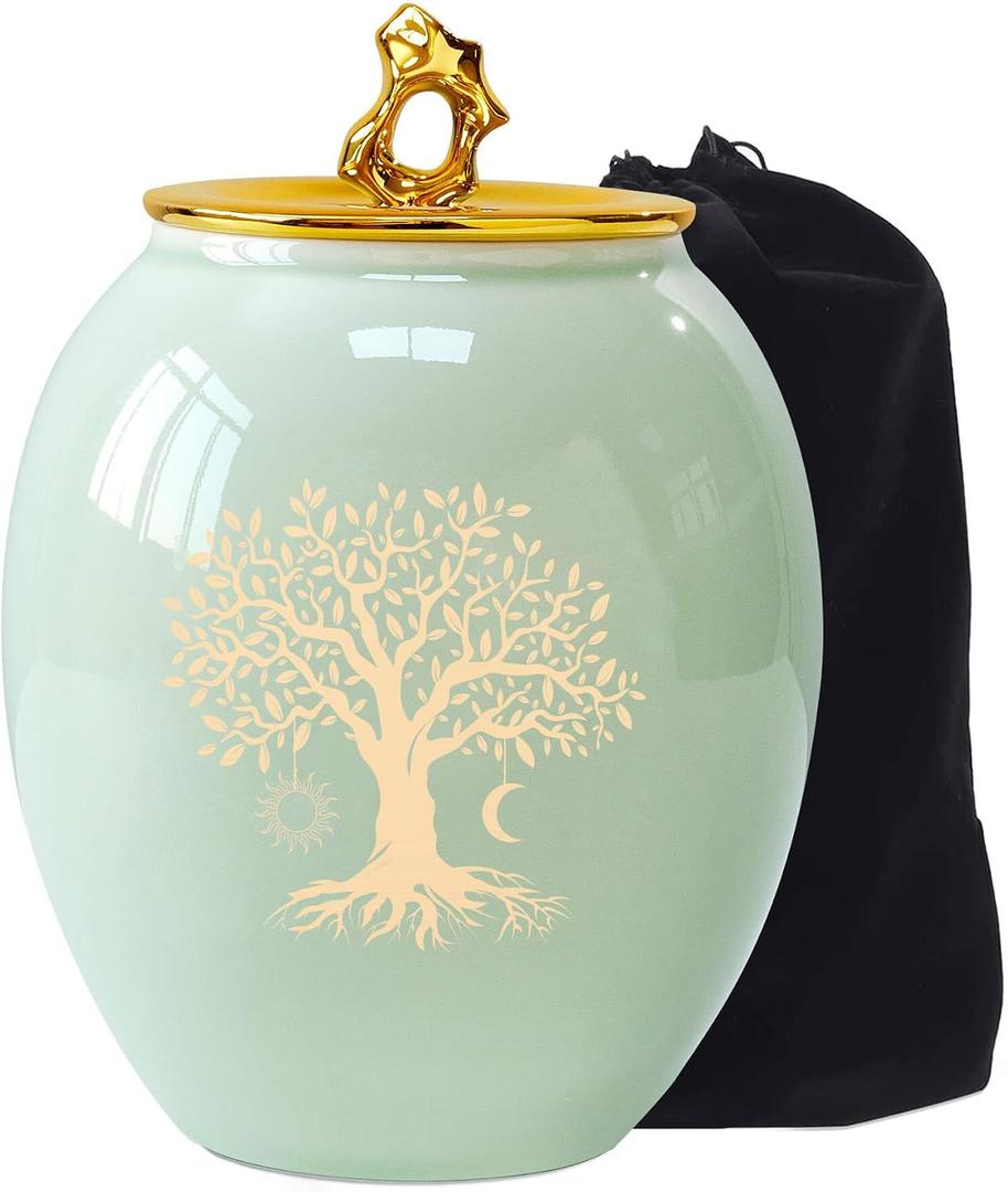 Medium Urns for Human Ashes, 6.7x5.2Inch Ceramic Green Tree of Life Medium Size Decorative Cremation Urns for Ashes Adult Female/Male