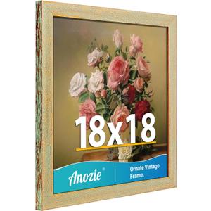 18x18 Frame, Vintage 18x18 Picture Frame Plexiglass for Wall Display, Square Rustic 18x 18 Poster Frame, Antique Gold Green Collage Gallery Wall Picture Frames, Widen Border