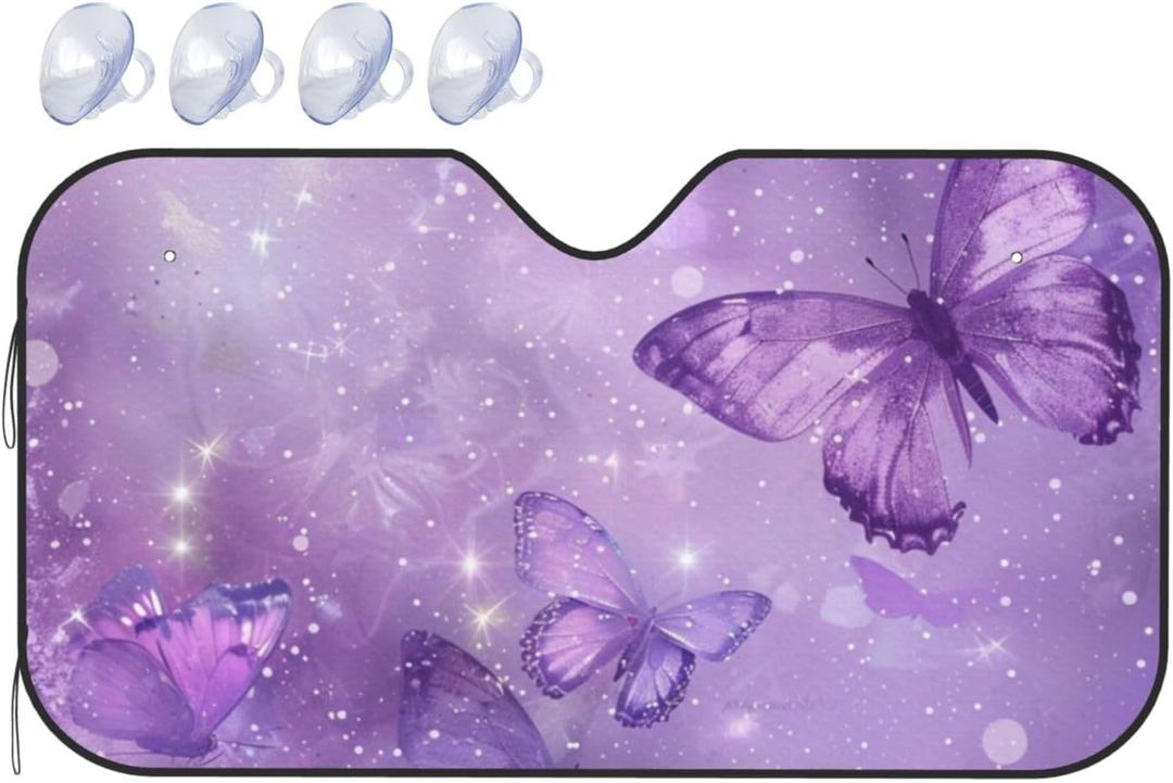 Windshield Sun Shade Butterfly Purple Pastel Car Front Window Sunshade Blocker UV Visor Retractable Automotive Sunshades for Vehicle SUV Truck Protector 55x30 inch (A0937)