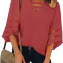 luvamia Women's Casual Strappy V Neck Blouse 3/ 4 Bell Sleeve Mesh Panel Shirts Loose Top Blousess Red Size M
