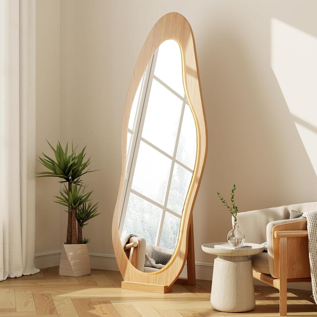 WoodsWhisper 69"X 24" Soild Wood Mirror Full Length, Wavy Wall Mirror, Lights Irregular Led Full Length Mirror Shatter-Proof Hanging or Leaning Against Wall for Cloakroom/Bedroom/Living Room (Nature)