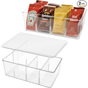 2 Pack Sauce Packet Organizer, Storage Box for Ketchup Packets, Hot Sauce Packets, and Condiment Packets, Made of Clear Plastic, Suitable for Kitchen Storage, Refrigerator Storage, One Lid Included