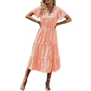 PRETTYGARDEN Summer Floral Dress for Women 2025 Casual Boho Short Sleeve Maxi Dresses V Neck Tiered Flowy Beach Sundress (Large, Orange Yellow)