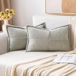 MIULEE Boho Decorative Pillow Covers for Couch Bed Sofa Farmhouse Home Decor 12x20 inch Set of 2 Light Grey Throw Pillow Broadside Soft Corduroy Pillowcase with Splicing Cushion Livingroom