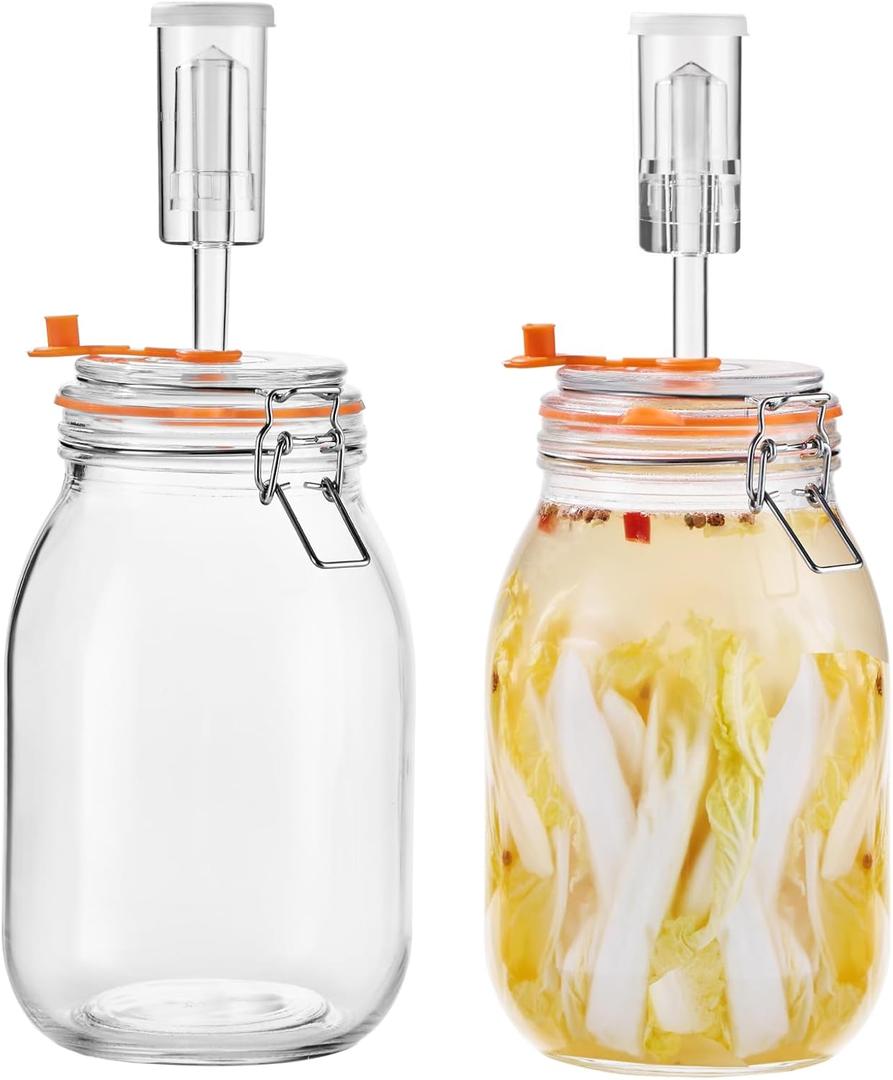 JILLMO Fermentation Jar, 1.8 Liters Glass Fermenting Kit for Making Sauerkraut, Hot Sauce, Mead, Cider and More, Pack of 2