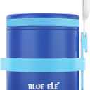 BLUE ELE Vacuum Insulated Thermos Food Jar for Hot Food, 13.5oz, Leak-Proof, Ceramic-Coated Stainless Steel Lunch Container with Folding Spoon, Easy Grip Lid, Deep Blue