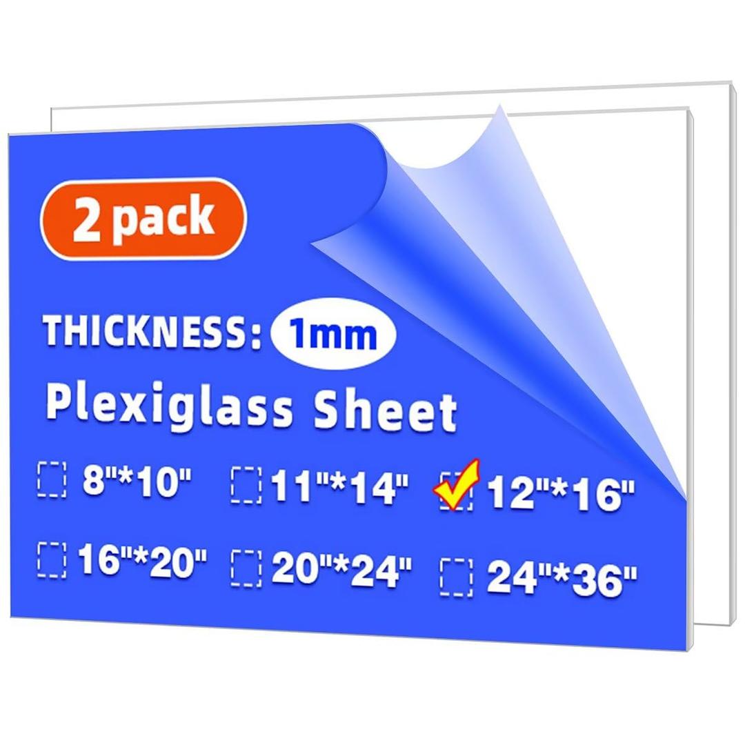 (2 Pack) 12" x 16" Plexiglass Sheets 1mm Thick, Clear Acrylic Sheets Panel Cut to Size Plexiglass Acrylic Board, Cut with Engraver, Power Saw or Hand Tools, No Laser Cut.