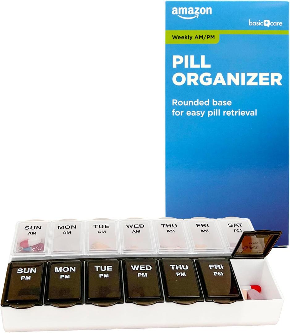 Amazon Basic Care 7-Day AM/PM Pill Organizer, Vitamin Case and Medicine Box with Large Compartments, 2 Times a Day, Black and Clear Lids