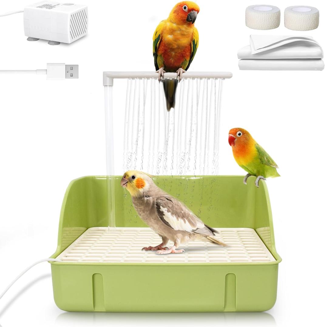 Automatic Parakeet Bird Bath with Pump, Large Bird Shower Fountain Indoor Bathtub with Running Water, Parrot Bath Tub Faucet for Pet Birds, African Grey, Cockatiel, Conure, Budgie, Lovebird (Square - Green)