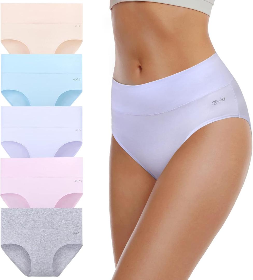 coskefy Women's High Waisted Cotton Underwear Soft Breathable Panties Stretch Briefs Ladies Panties 5 Pack (Large, Light Color)