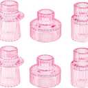 Double Sided Vintage Ribbed Taper Glass Candle Holders,Tea Candle Holder for Table Centerpieces, Wedding Decorations and Dinner Parties (Pink, 6 PCS)