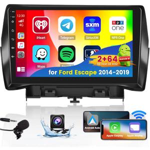 Roinvou 2+64G Android CarPlay Stereo for 2014-2019 Ford Escape, Built-in Wireless CarPlay Radio with Android Auto, 9'' Touch Screen in-Dash GPS Navigation Support Mirror Link BT FM RDS AHD DSP