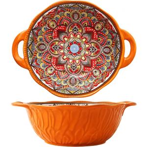 2 Pack Boho Ceramic Serving Bowls with Handles, 40 Oz Porcelain Salad Bowls, Large Serving Dishes for Entertaining, Mixing Bowls for Soup, Stew, Pasta, Cereal, Colorful Embossed Cute Bowls Set MLKS (Orange)