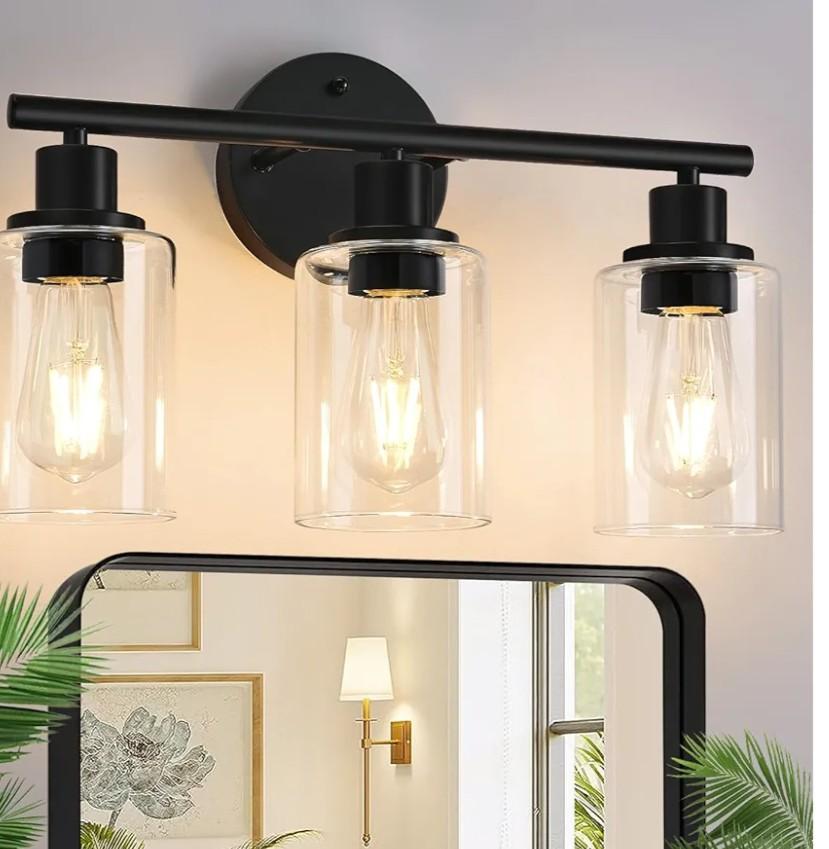 3-Light Bathroom Light Fixtures, 17.23" Black Modern Vanity Lights with Clear Glass Shade, Bathroom Wall Lamp for Mirror Kitchen Living Room Hallway Cabinet Porch