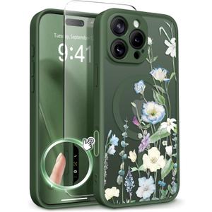 GVIEWIN for iPhone 16 Pro Case Compatible with MagSafe, [Military Grade Protection] [Screen Protector] Full Camera Protection Floral Translucent Women Magnetic Phone Case, Aquilegia/Forest Green