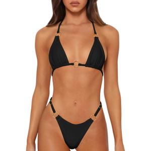 Sexy Bikinis for Women 2 Piece Bikini Spaghetti Strap Swimsuits Solid Color Bathing Swimwear Triangle Bathing Suit, S, Black