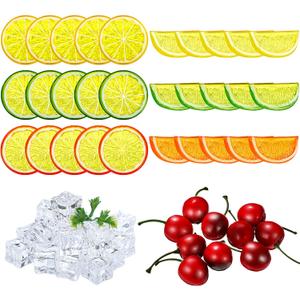 MTLEE 90pcs Artificial Plant Fruit Decor Set, Including 30 Simulation Lemon Slices, 50 Clear Acrylic Ice Cubes, 10 Artificial Cherry Fruits for Home Decor, Wedding Vase Filler, Photo Prop