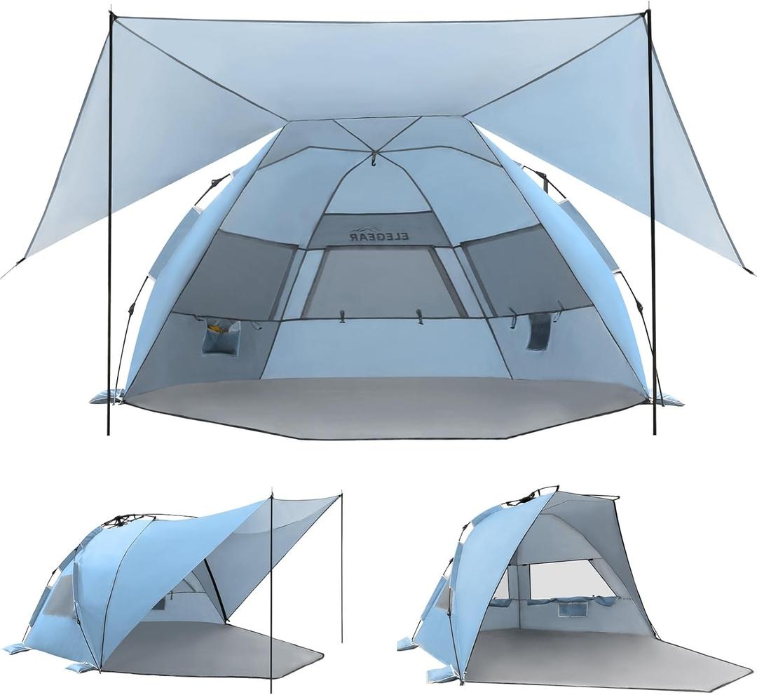 Elegear Beach Tent with Canopy, 1-Second Setup Pop Up Sun Shelter Shade, UPF 50+ UV Protection Silver-Coated Lightweight Portable Beach Cabana (4-6 Person, Sky Blue)