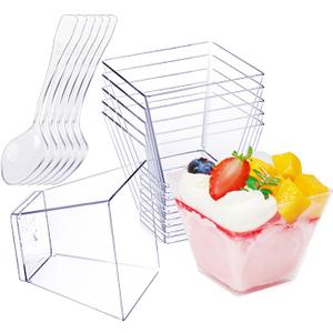 50 Pack 2 oz Mini Dessert Cups with Spoons, Reusable Square Clear Plastic Parfait Cups Dessert Bowls Appetizer Cups for Serving Fruit Ice Cream Pudding Yogurt (50)