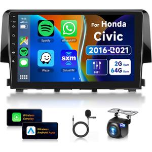 Car Radio for Honda Civic 2016-2021 [2+64G] Wireless Carplay/ Android Auto, Android Car Stereo 9” Touch Screen GPS, EQ DSP, 26UI, WiFi, Bluetooth, FM/ RDS, EQ, Mirror Link, SWC+ Backup Camera for Civic Radio