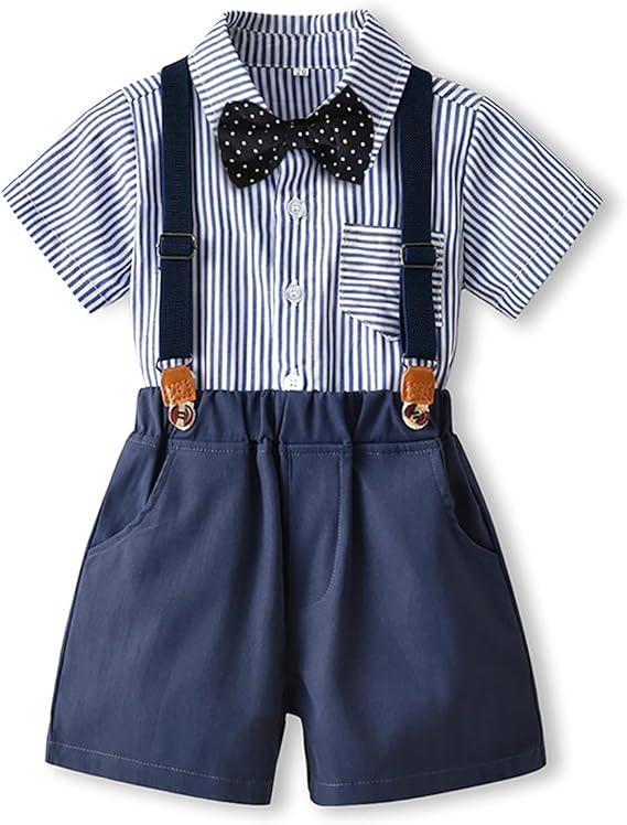 Boarnseorl Baby Boys Gentleman Outfits Shorts Sets,Infant Shirt + Shorts + Bow Tie + Suspenders (3-4T, White+blue)