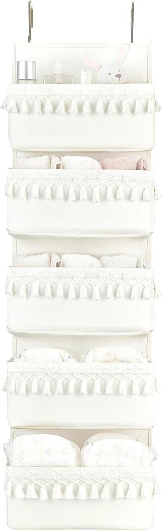 Dahey Over The Door Organizer Boho Nursery Storage Decor Closet Hanging Organizer with Tassels Decoration for Bedroom Nursery Bathroom Apartments Dorm Pantry, 5 Pockets, White
