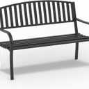 On Shine 50'' Outdoor Bench Weatherproof, Cast Iron All Metal Frame Garden Bench, Anti-Rust Patio Park Bench Clearance for Front Porch, Yard, Lawn, Deck