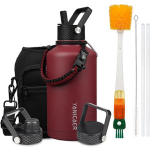 Insulated Water Bottle 64oz,Triple Wall Vacuum Stainless Steel(Dishwasher Safe),Leak Proof & Non-BPA,Flask Jug with Paracord Handle & Straw Spout Lids Sports Red