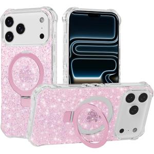 Magnetic for iPhone 17 Pro Case with Invisible Stand, Compatible with MagSafe, Clear Bling Sparkle Shockproof Slim Anti-Slip Military Drop Protection Hard Phone Case 6.3" Glitter Pink