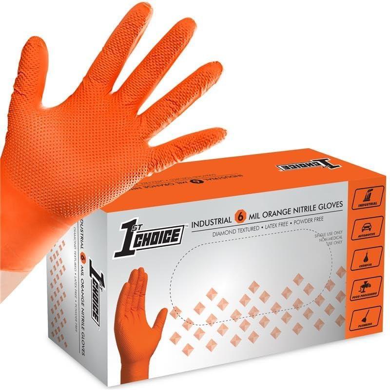 1st Choice 6 mil Orange Gloves, Disposable, Latex Free, Raised Diamond Grip, Mechanic Glove for Men, Medium, 1 Box of 100