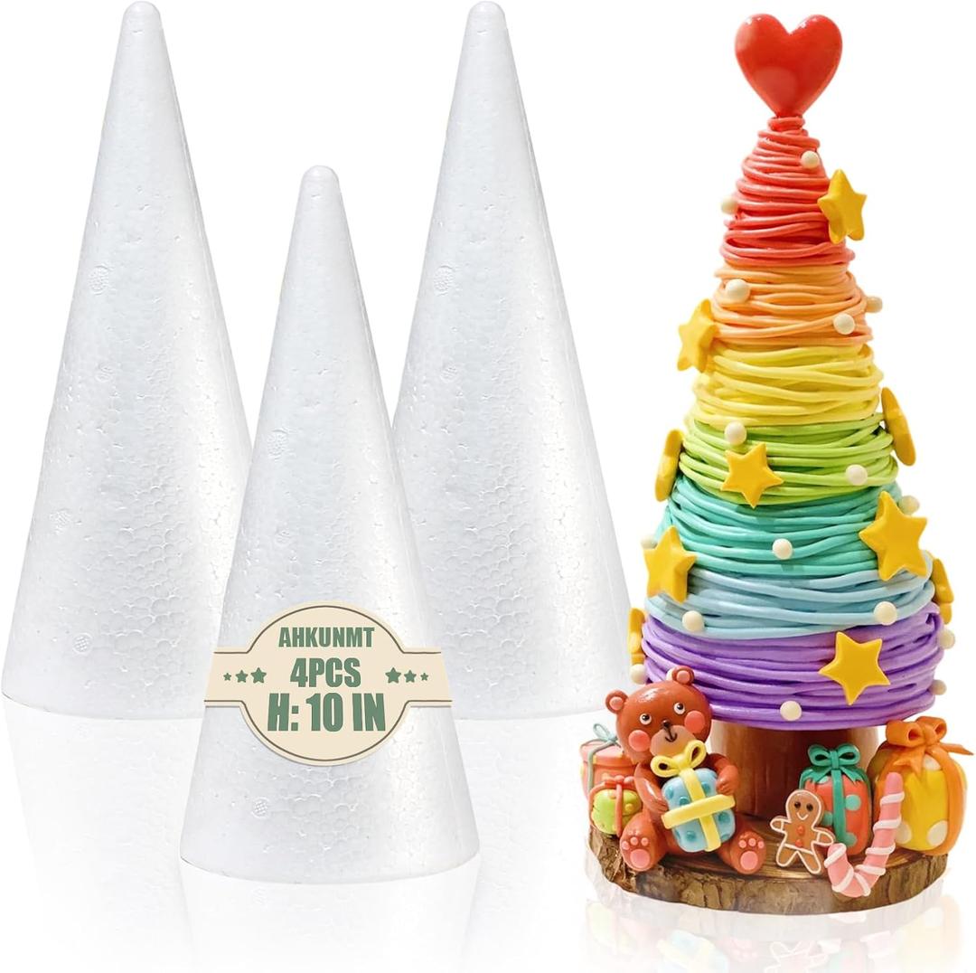 4 Pack Craft Foam Tree Cones, 10 * 4in Styrofoam Cones for Craft, White Large Polystyrene Foam Cones for Craft Use for DIY Art Projects, Christmas Tree Holiday Decor and Holiday Gnomes(10 * 4in-4pc)
