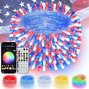 Smart Color Changing 4th of July Lights with Remote & App, 66FT 200LED Red White and Blue Twinkle Lights with Timer, RGB Patriotic Fairy String Light Waterproof Indoor Outdoor Independence Day Decor