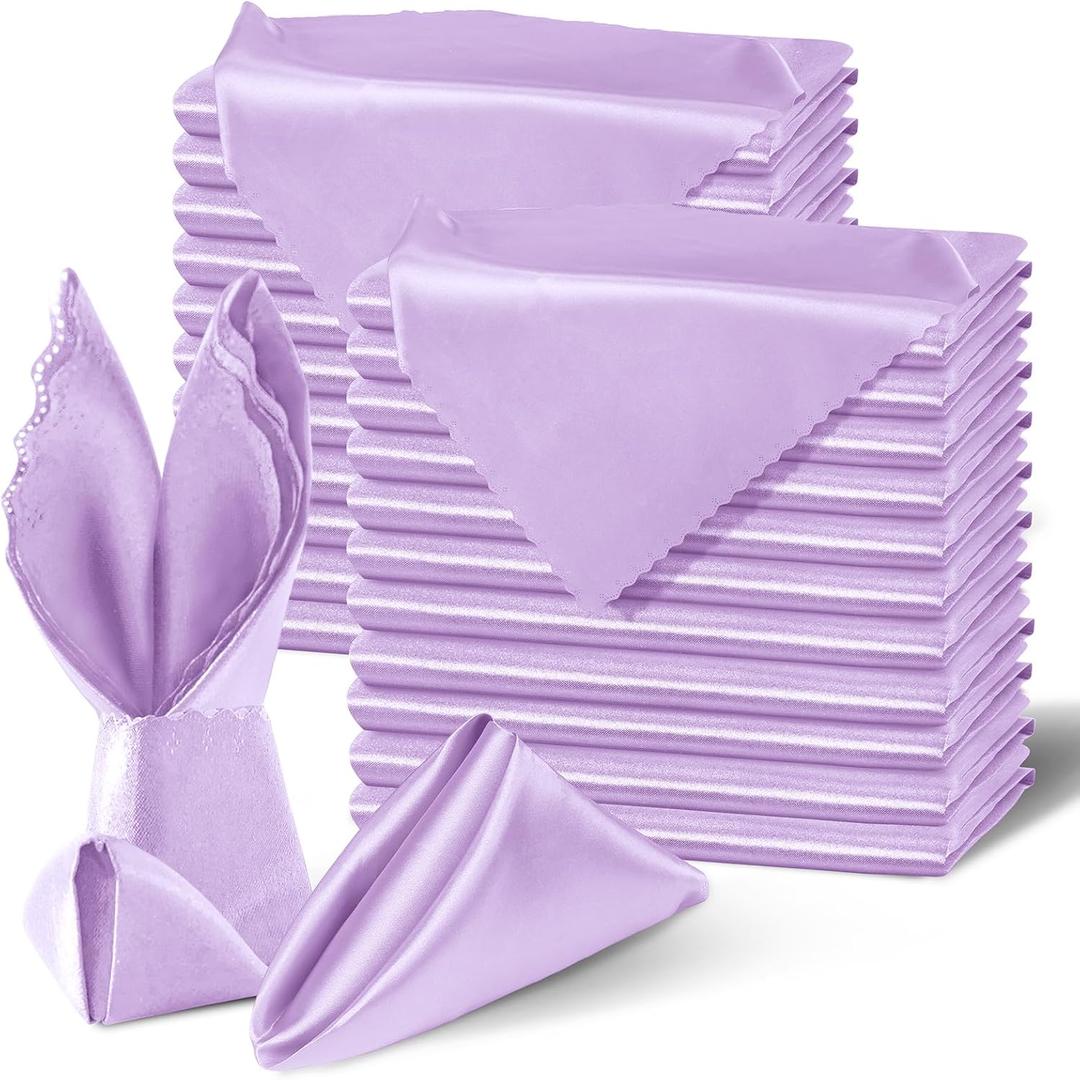Homiest 100 Pack Light Purple Satin Napkins 17x17 Inches - Scalloped Square Silky Elegant Dinner Decor for Wedding, Restaurant, Graduation Party