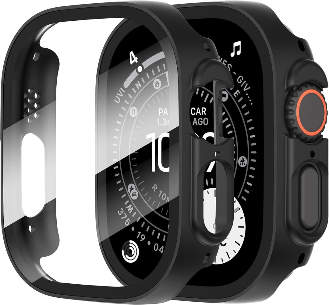 Suoman 2-Pack for Apple Watch Ultra 3/2/1 49mm Case, Ultra-Thin Tempered Glass Screen Protector, All-Around PC Protection Cover for iWatch Ultra 49mm 3/2/1r - Black
