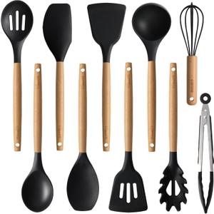 CAROTE Silicone Cooking Utensils Set for Nonstick Cookware, 446F Heat Resistant Kitchen Utensil Set with Wooden Handle 10pcs, Spatula, Turner, Spoon, Tongs, Whisk