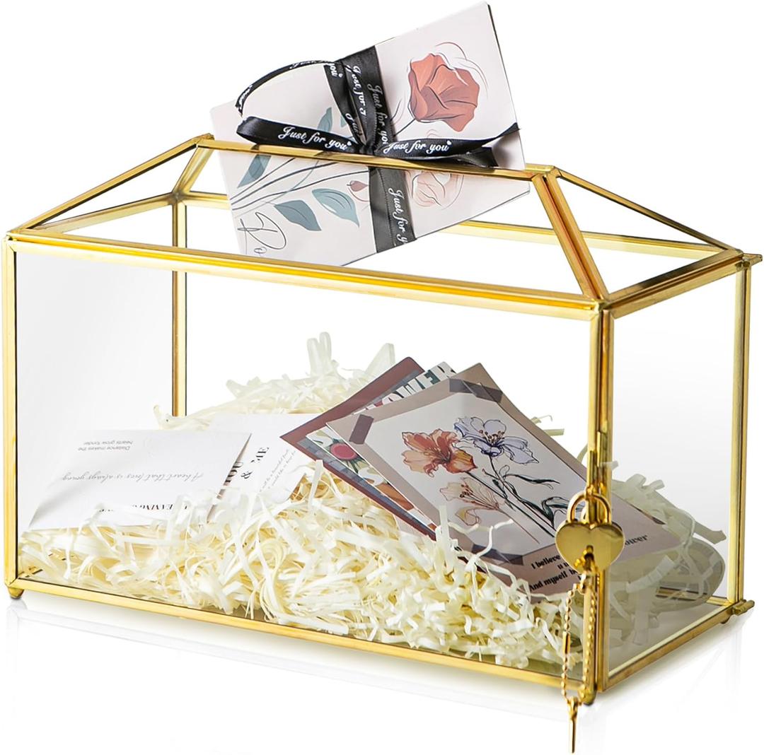 12.6" x 6" x 9" Wedding Card Box with Slot and Lock, Glass Card Holder for Party Reception, Centerpiece, Home Decorative, Gold (Glass Box Only) Slot Length 7.3 Inches