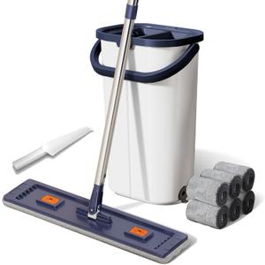 Mop and Bucket Set with Wringer for Home, 360 Flat Squeeze Mop with Long Handle and 6 Microfiber Cloths for Floor Cleaning (White+Blue, Square Bucket and 15.7'' Mop Head)