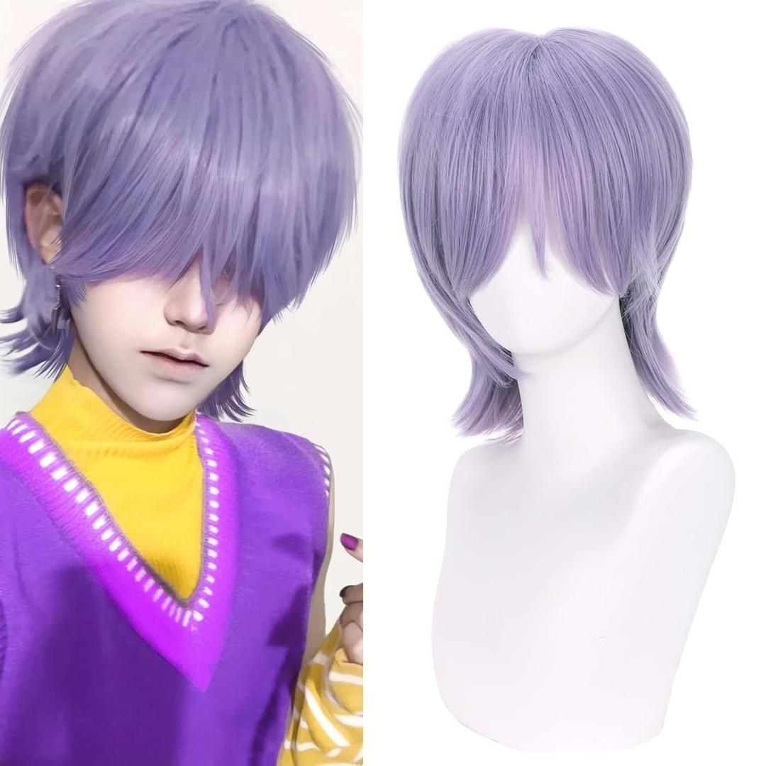 Light Purple Wigs Straight Purple Mixed Grey Wig Boys Mens Cosplay Wig Daily Halloween Costume Synthetic Wigs