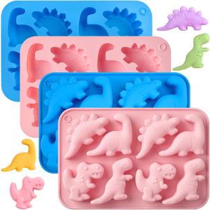 JOERSH 4Pcs Dinosaur Silicone Candy Molds Gummy Dinosaur Molds 8-Cavity Shaped with T-rex, Stegosaurus, Triceratops, Brontosaurus, Non-Stick for Chocolate, Cookie, Snacks, Cake Decorations